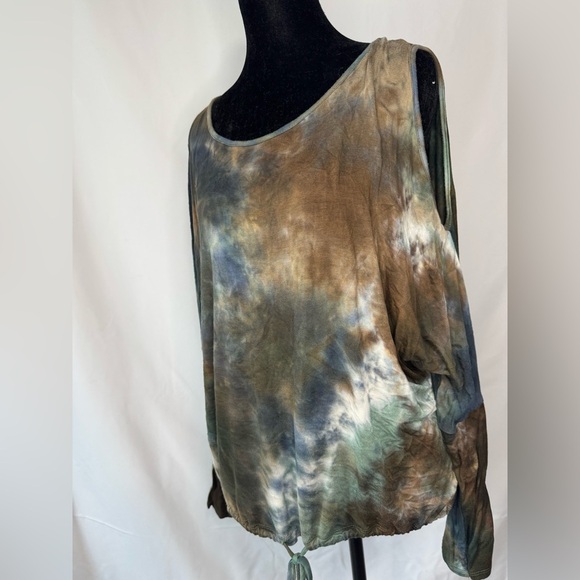 VENUS Brown and Green Tie-Dye Cold Shoulder Long Sleeve Top - Size M - Picture 1 of 6